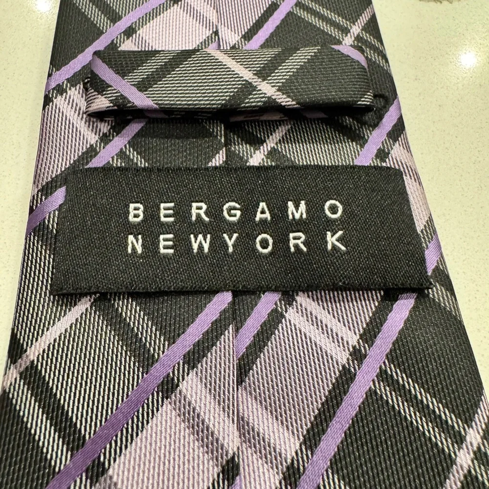 Bergamo New York Mens Plaid Necktie Purple Black Grey Hand Made Polyester Tie
